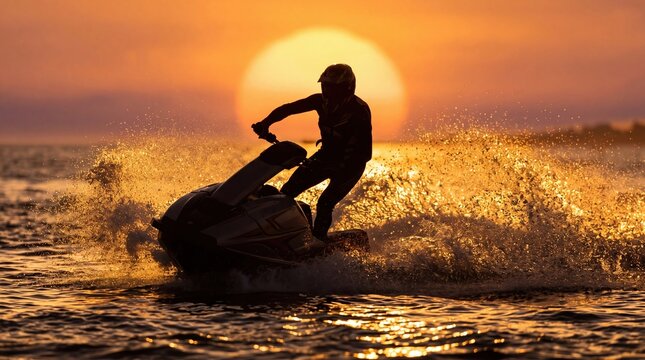 Silhouette of a person riding a jet ski across the ocean during a golden sunset hour