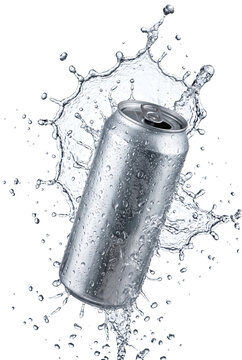 Blank silver aluminum beverage can surrounded by dynamic water splash