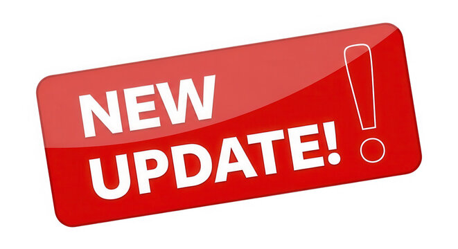 Red banner label with white text saying new update and exclamation mark  isolated on transparent background