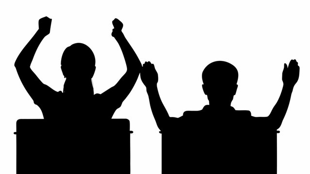 Silhouette of two children sitting at desks with their hands raised in class