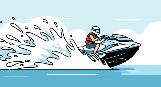 Jet ski illustration. Cartoon person riding a watercraft on the ocean
