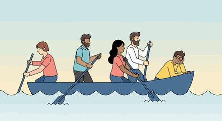 Obraz premium Diverse Team Rowing Boat: Teamwork, Collaboration, Partnership Concept