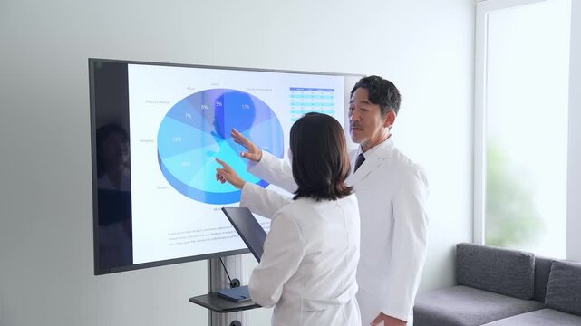 画面を見ながら会話する白衣の男女グループ