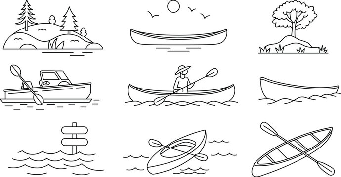Minimalist outdoor lake recreation vector icon set with canoes kayaks boats and island nature