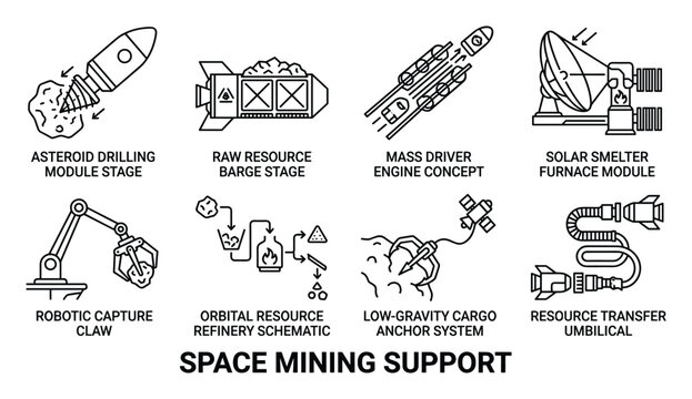 Space mining support outline icons and schematic for asteroid extraction and processing.