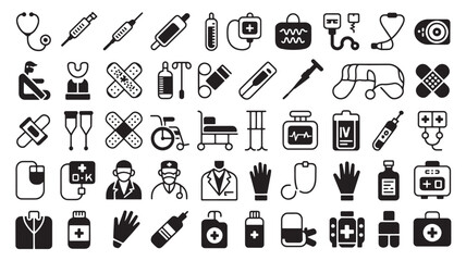 Naklejka premium Medical icons set with 50 black vector symbols, healthcare equipment and hospital supplies, professional clinic and first aid silhouettes