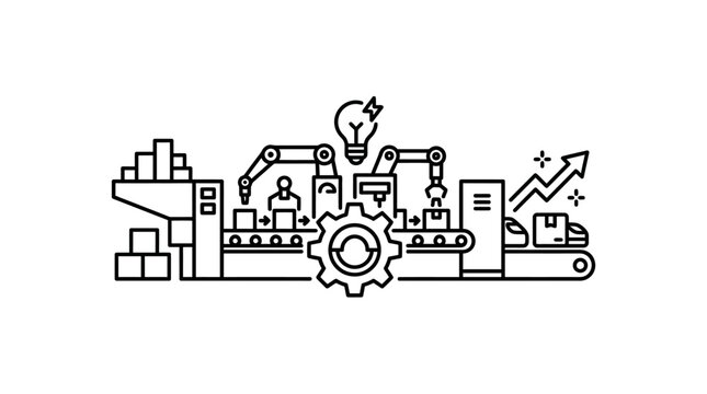 Automated assembly line with robot arm and packaging boxes.