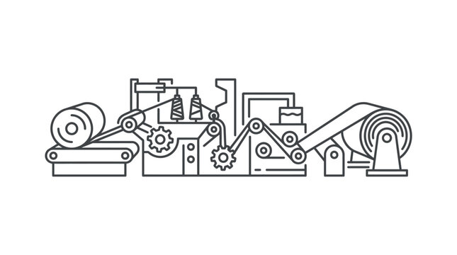 Industrial paper mill machine with rollers line art illustration.