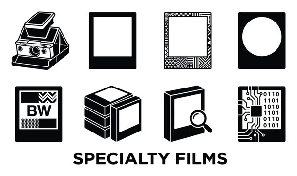Specialty film icons including instant camera prints data storage and film formats.