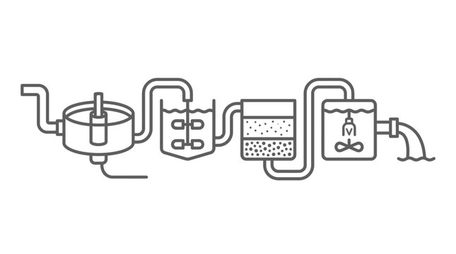 Chemical processing plant with mixing tanks line art diagram.