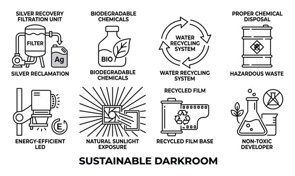 Sustainable darkroom icons for green photography including silver recovery water recycling and energy saving.
