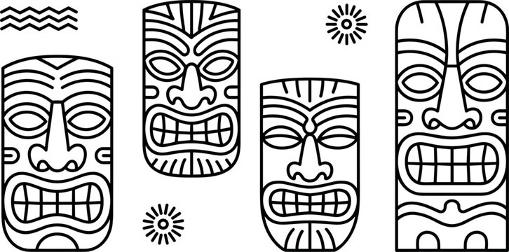 Polynesian tiki mask tribal line icon set featuring traditional hawaiian wooden carving symbols