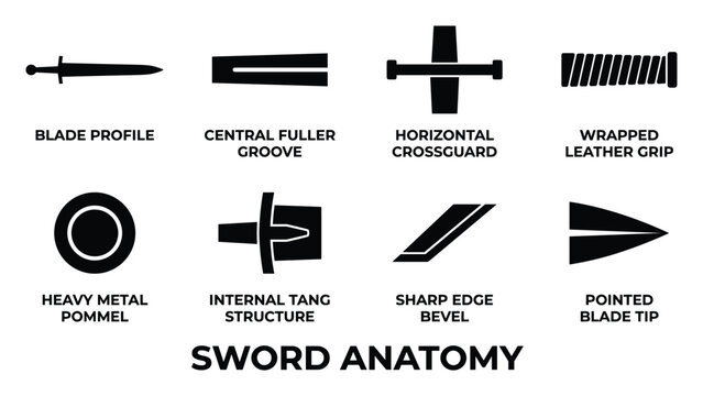Sword anatomy set detailed illustrations of blade profile fuller crossguard grip pommel tang bevel and tip.