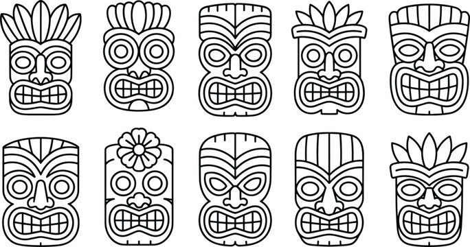 Polynesian tiki mask tribal line icon set featuring traditional hawaiian wooden totem pole symbols
