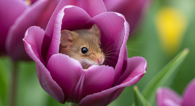Tiny field mouse peeking out from inside a vibrant purple tulip flower in a garden setting