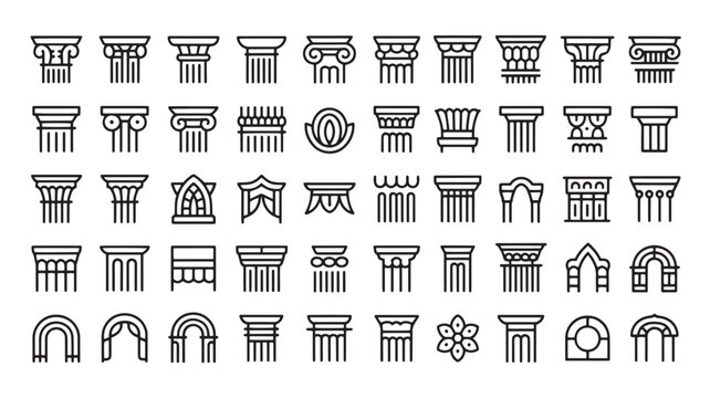 Classical architecture column capitals and pillars set, 50 line icons of greek and roman architectural elements, antique building ornaments vector