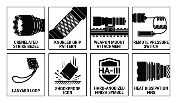 Tactical flashlight features icons like strike bezel, grip, mount, switch, lanyard, shockproof and fins.