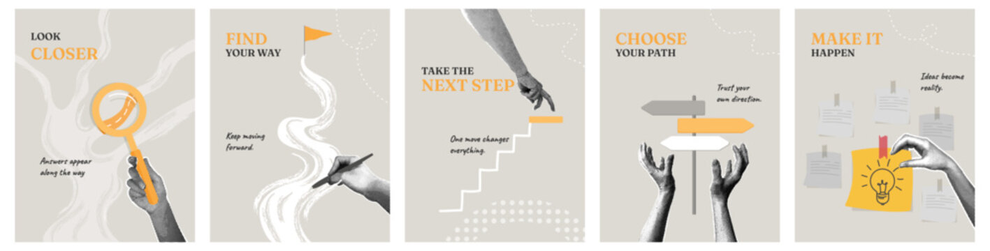 A collection of motivational posters featuring hands drawing paths and icons. Stylish halftone collage. Concept of business growth and personal development. Creative infographics for goal setting and