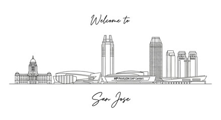 Naklejka premium San Jose Skyline Illustration: Modern Cityscape Architectural Line Art