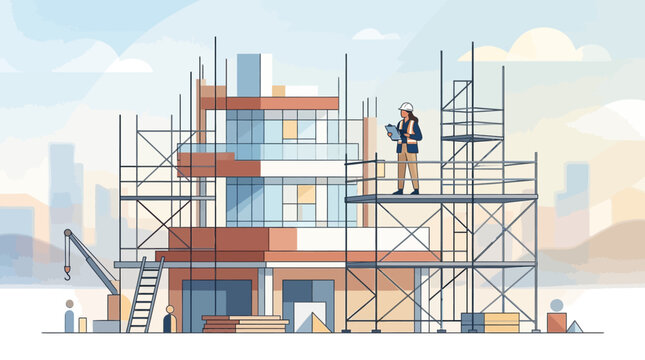 Construction site: Woman architect inspecting modern building progress, scaffolding.