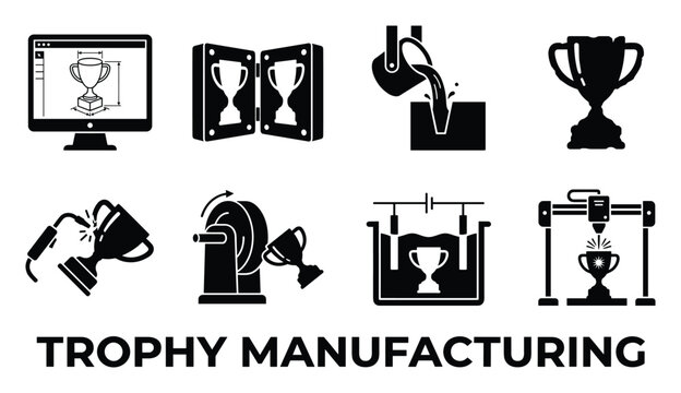Trophy manufacturing process icons computer mold pouring metal welding polishing electroplating laser engraving cutting.