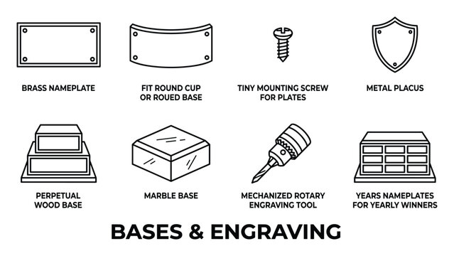 Trophy bases and engraving components illustrated in line art on white background, trophy making.