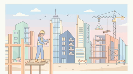 Naklejka premium Construction worker on building site overlooking city skyline with crane and skyscrapers.