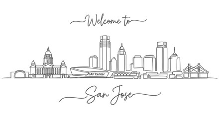 Obraz premium San Jose Skyline Continuous Line Illustration: Cityscape Welcome