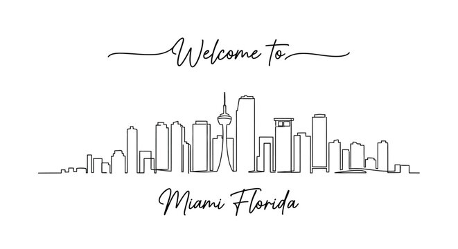 Welcome to Miami Florida Skyline - Continuous Line Drawing Art