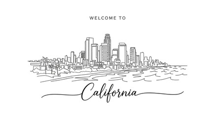 Naklejka premium Welcome to California: Coastal Cityscape Illustration