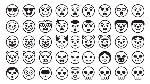 Minimalist emoji line icons set, 45 black and white emoticon vector symbols, expressive character faces for digital communication and UI design