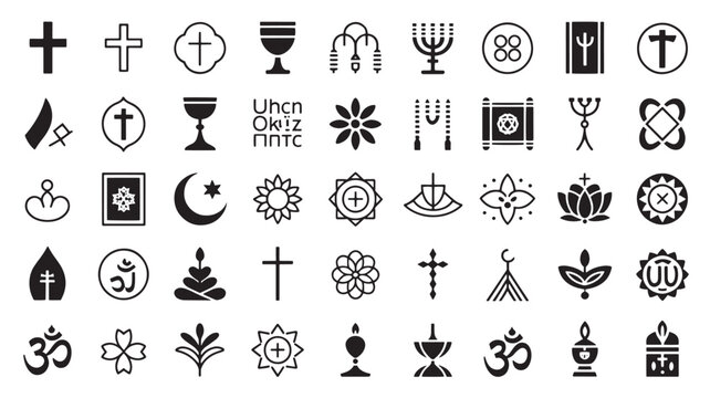 Religious symbols and spiritual icons set, 45 black minimalist faith vector elements, sacred world religion signs for graphic design