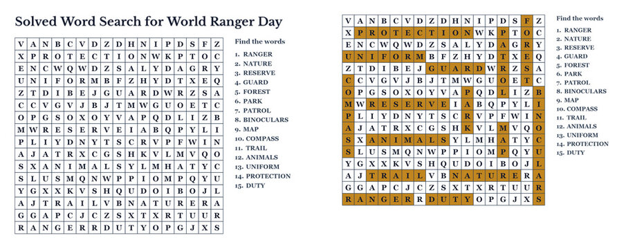 Word seek puzzle sheet celebrating World Ranger Day with filled answers  