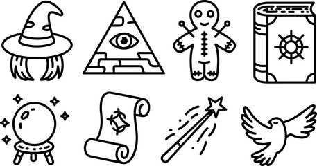 Witchcraft magic occult line icon set featuring witch hat voodoo doll and crystal ball symbols © Afroja