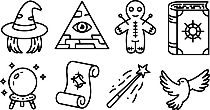 Witchcraft magic occult line icon set featuring witch hat voodoo doll and crystal ball symbols