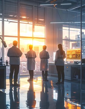 A group of scientists in lab coats look out a large window