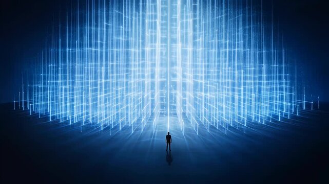 Anonymous silhouette confronts colossal glowing blue digital data structure in futuristic landscape