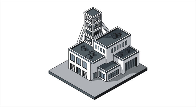Isometric illustration of a coal mine industrial complex.
