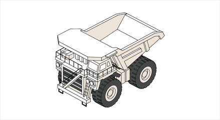 Isometric Line Art Illustration of a Heavy Duty Mining Dump Truck. © Re
