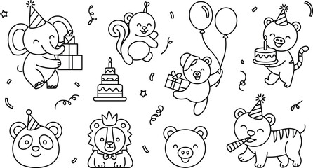 Cute birthday party animals line art set with elephant tiger lion panda and birthday elements © Afroja
