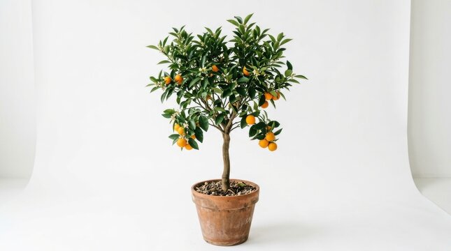 Calamondin orange tree in terracotta pot, miniature citrus plant with ripe fruit, potted indoor fruit tree on white background
