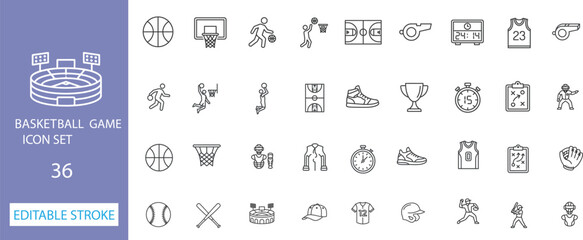 Editable stroke basketball game icons set with various sports elements and symbols © CreativeNest