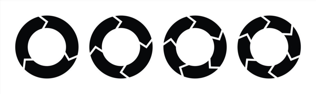 Circle diagram infographic set. Rotation round cycle vector scheme process template. 3, 4, 5, 6 parts. black color