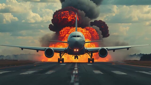 Commercial passenger airplane taking off from runway with massive fireball explosion in background during dramatic cinematic action motion video clip