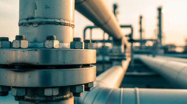 Close up view of industrial metal pipe flange connection with bolts and nuts in oil and gas refinery facility during sunset with blurred background showing processing equipment.