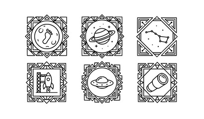 Set of space and astronomy themed icons in geometric square frames © MdSuzan