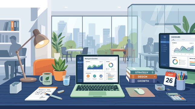 Business office workspace with laptop, charts and graphs