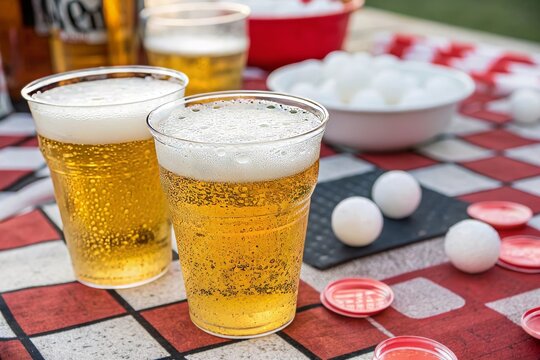 Two plastic cups filled with fizzy beer sit on a checkered tablecloth