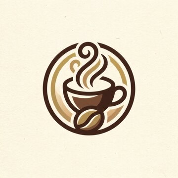 Aesthetic Coffee Emblem: A stylish circular emblem featuring a steaming coffee cup and a single coffee bean, perfect for cafe branding or a coffee lover's design.