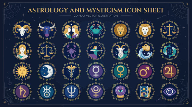 Astrology and Mysticism Icon Set: Zodiac Signs, Planets, Symbols, Tarot Cards